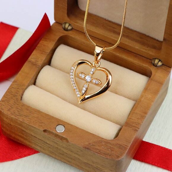 "Heart-Shaped Rose Gold Cross Pendant with Sparkling Accents, XPPT1326 - Picture 6 of 13